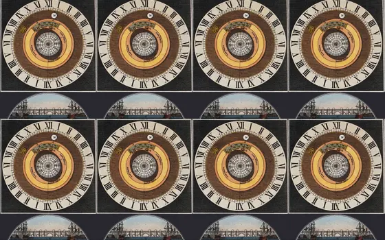 A tiled repeat illustration of an old maritime style clock