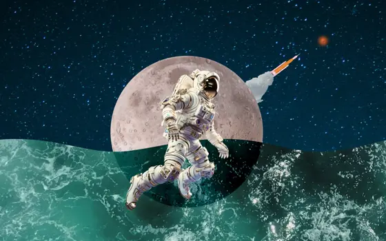 A collage illustration of an astronaut in a space suit floating in front of the moon and a rising turquoise wave.