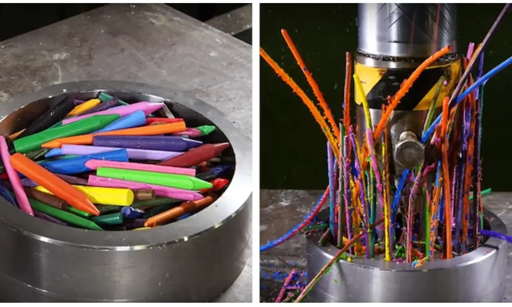 Image on the left shows an assortment of coloured crayons inside a steel bowl. Image on the right shows these as they have been squashed in a hydraulic press and have squeezed out through the holes in colourful ribbons