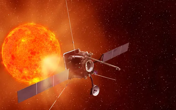 A rendering of a satellite in front of the sun.