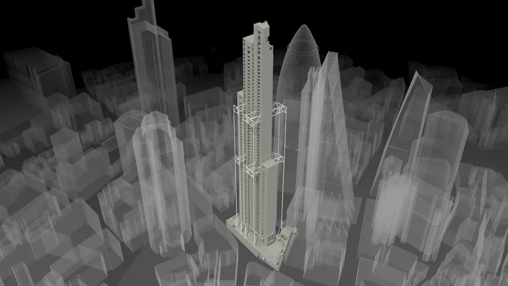 A 3D computer generated depiction of the concrete core and lifts of 22 Bishopsgate with the buildings around it shown in a faint outline.