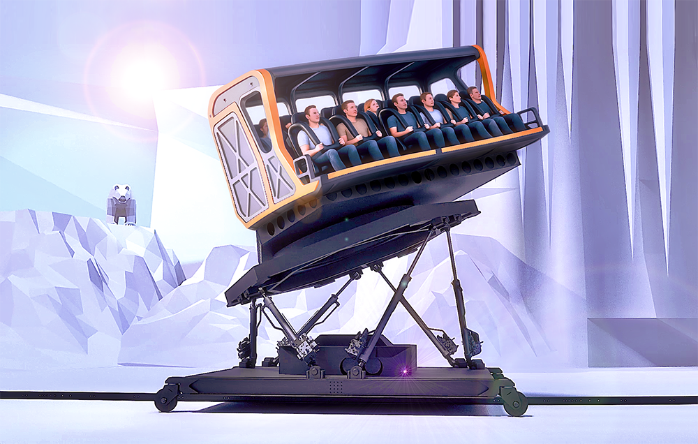 A computer-generated image shows a tilted seating system on top of a movable platform. There are people on the seats while the surroundings have been generated to look like a mountainous area