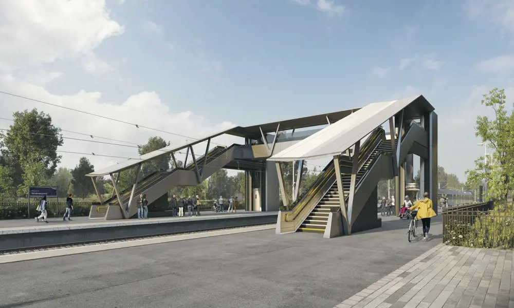 A digital rendering of a bridge at a railway station, surrounded by passengers.