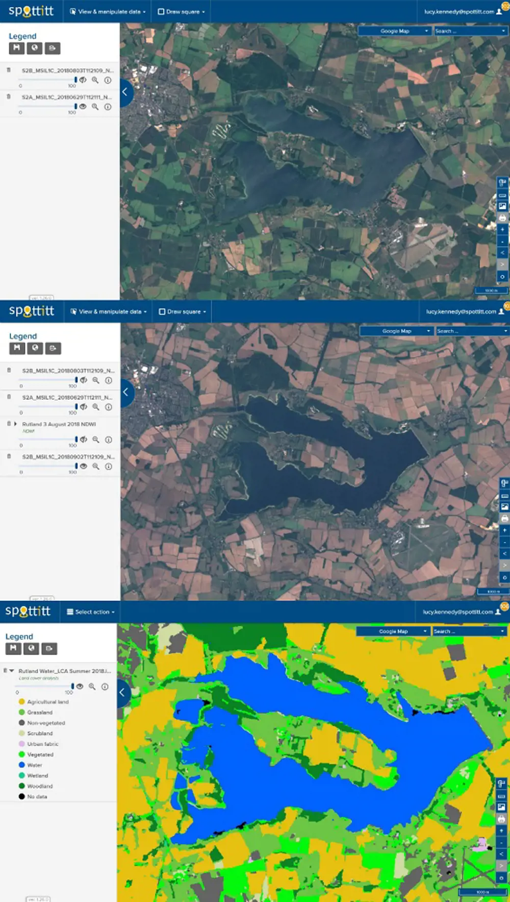 Copernicus Sentinel satellite images near Rutland Water in the United Kingdom. The top image has a larger proportion of green fields compared to the middle image which is of the same area and is more dry. The bottom image is coloured based on the type of land. 