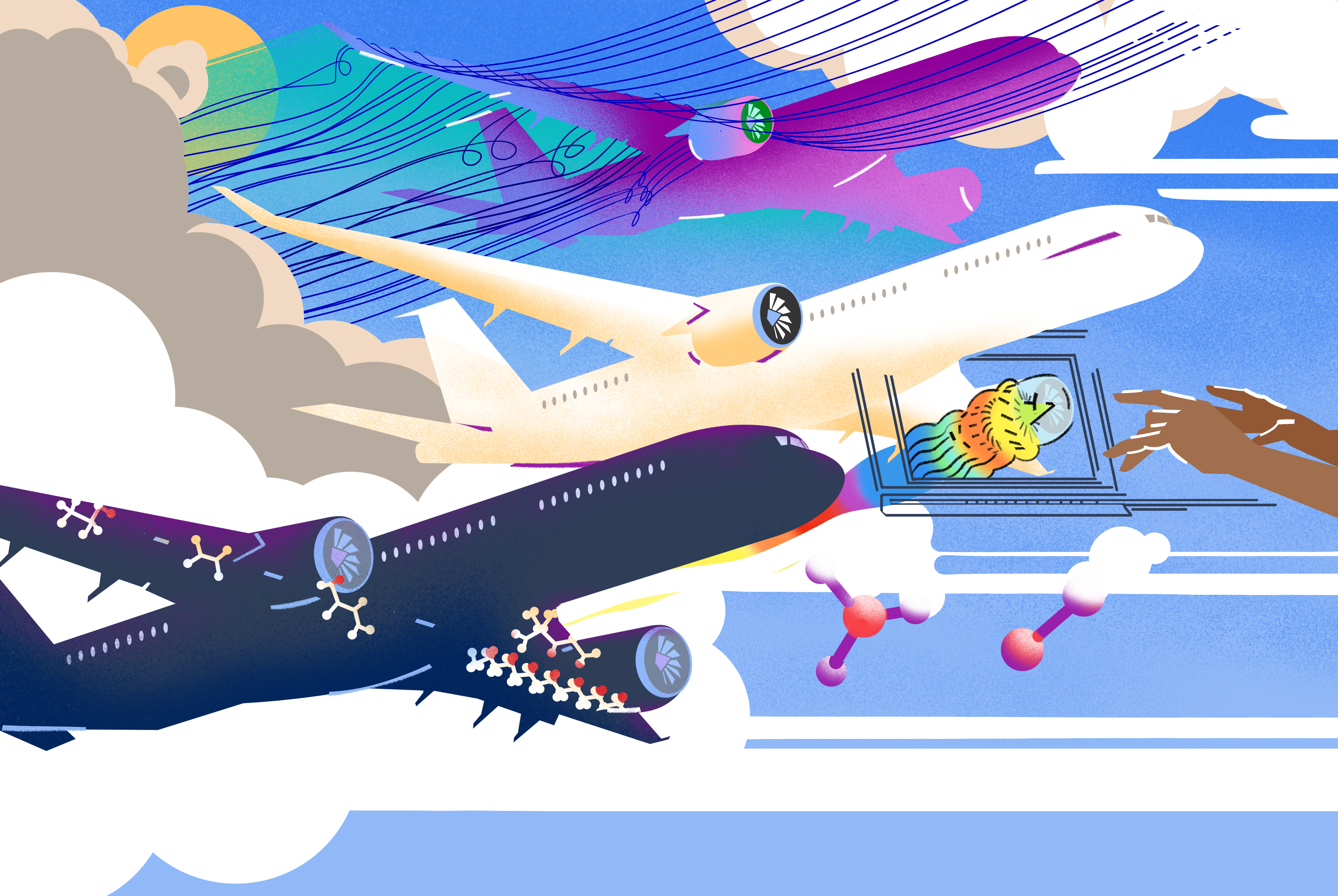 Illustration of A350 planes representing different scales of modelling, including the airflow of computational fluid dynamics and molecules modelled in molecular dynamics.