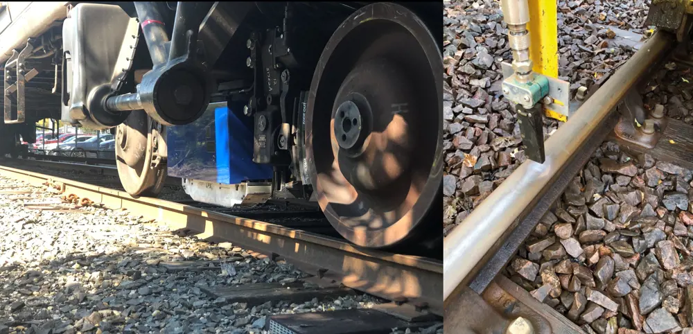 The bottom of a train on a rail line with a blue box attached to it which is the Laser Track system (left). Dry ice being applied to a railway line (right).