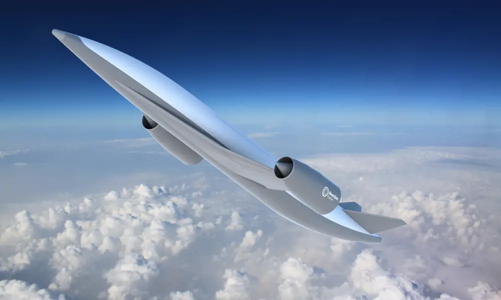 A concept spaceplane in the sky that is entering space, which would be powered by SABRE technology.