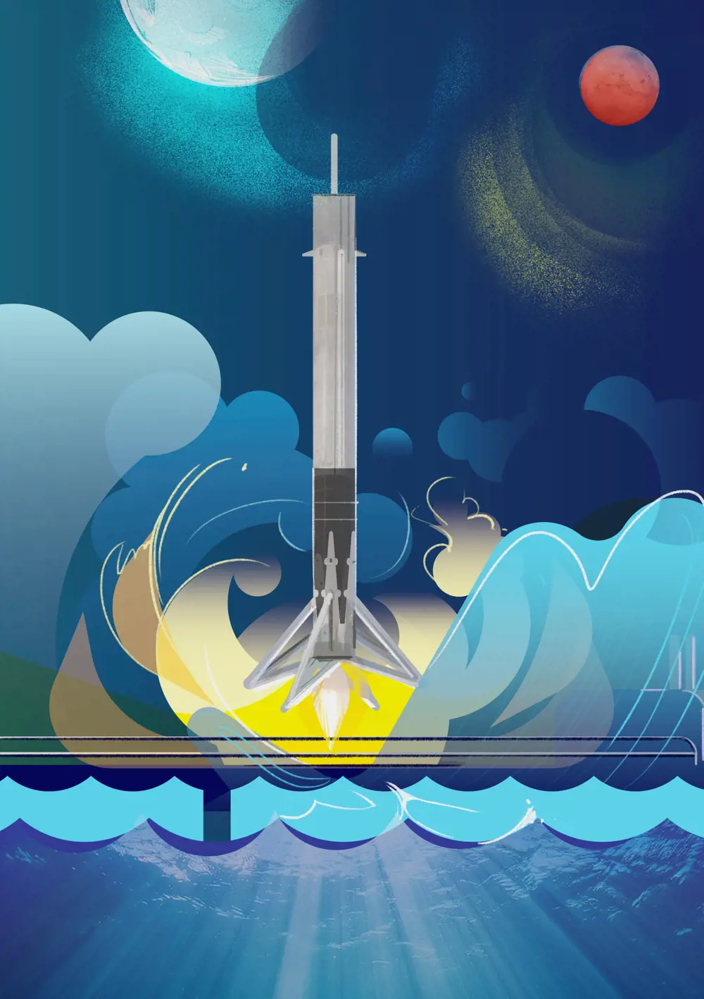 An illustration of a rocket landing on a platform out at sea.