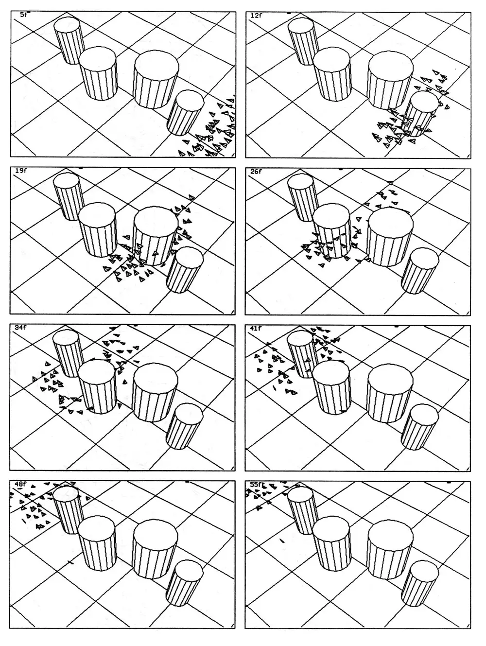 An eight figure storyboard showing step by step as a swarm of "boids" (simulated birds) navigate four consecutive columns acting as obstacles.