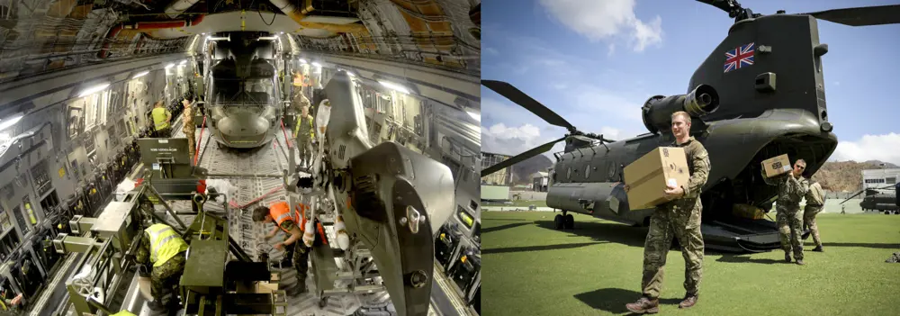  Inside of a plane (left) with people in high visibility jackets inside. RAF staff outside of a loaded helicopter carrying boxes (right).