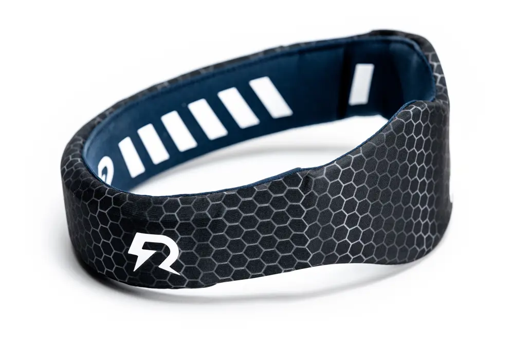 A black protective sports headband against a white background