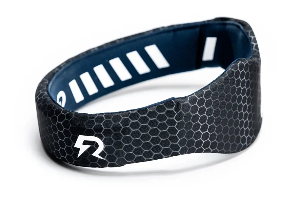 A black protective sports headband against a white background