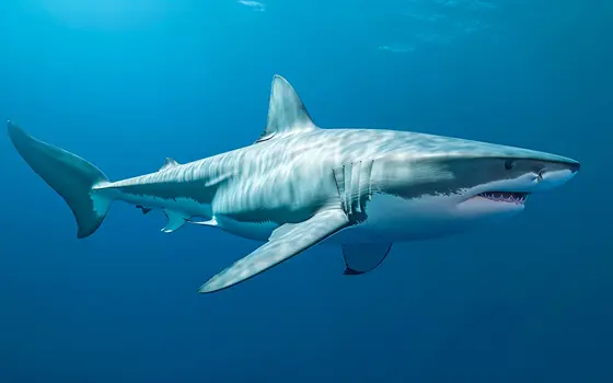 A grey shark with black tips on its fins swims underwater