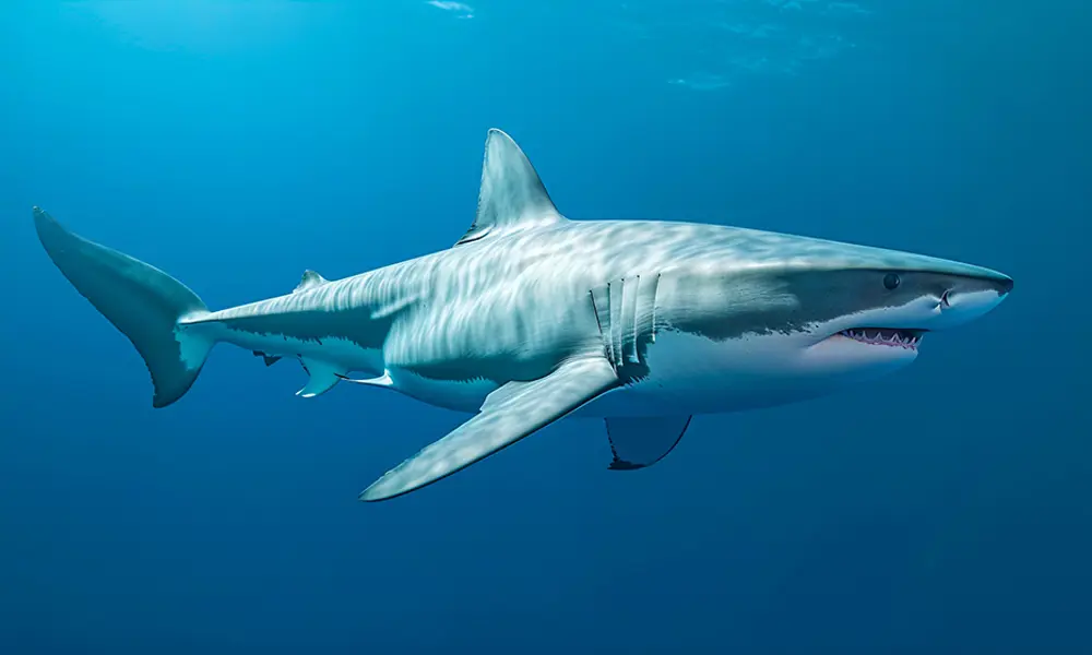A grey shark with black tips on its fins swims underwater