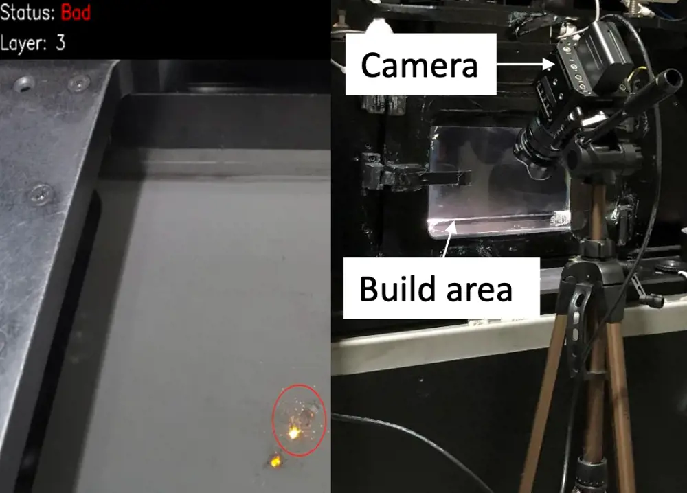 Two images side by side. The right hand image shows a defect being created during printing, which appears as multiple sparks in small craters on the surface. The right shows a camera on a tripod set up in from of the 3D printing area to detect when defects take place.