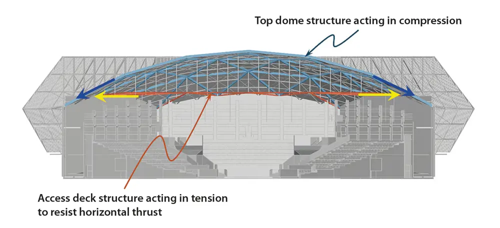 A cut through diagram of a stadium roof depicting forces acting in compression and tension