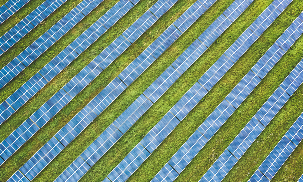 Parallel arrays of solar panels seen from above in a field.