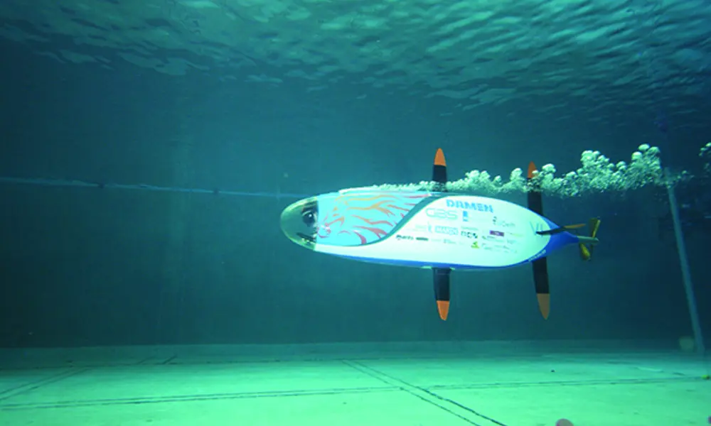 The WASUB 6 submarine in an underwater pool.