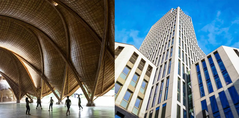 Left - a gymnasium with a bamboo roof amd people running around inside. Right - a skyscraper