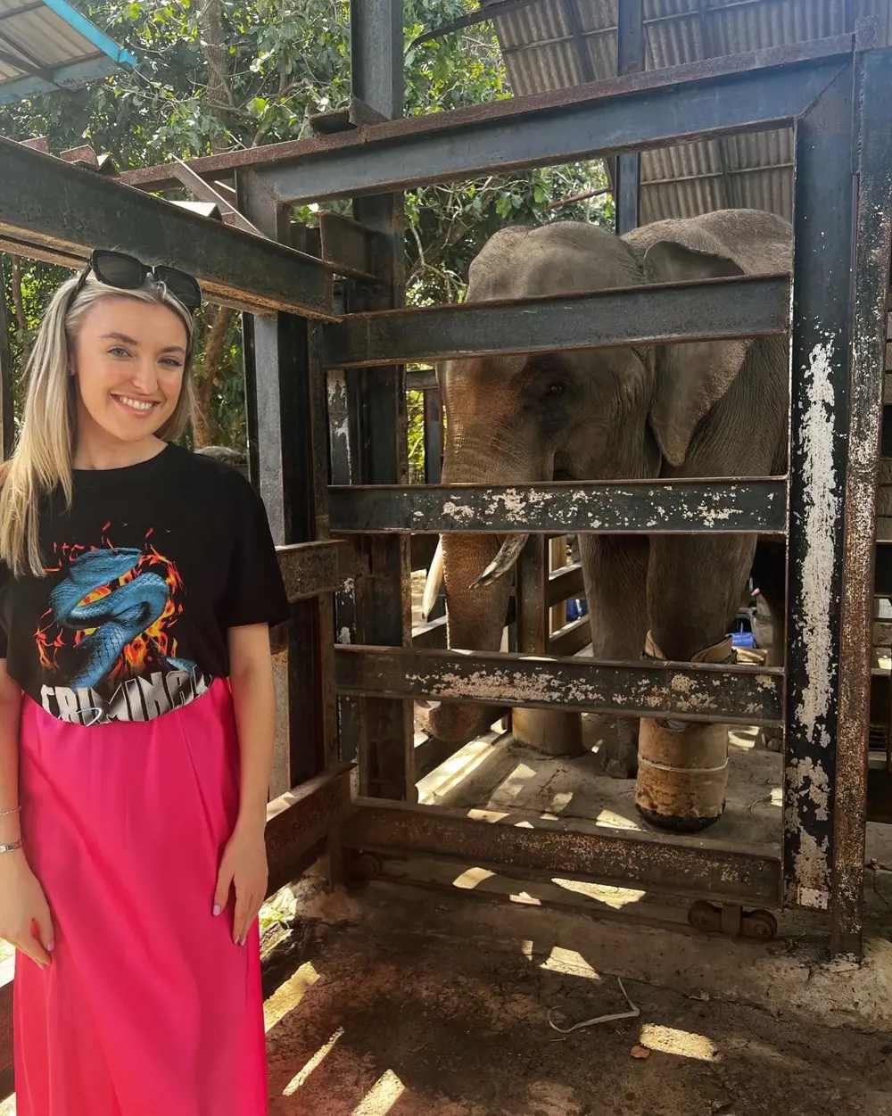 A female biomedical engineer standing next to an elephant with a prosthetic foot in an elephant sanctuary, surrounded by trees.